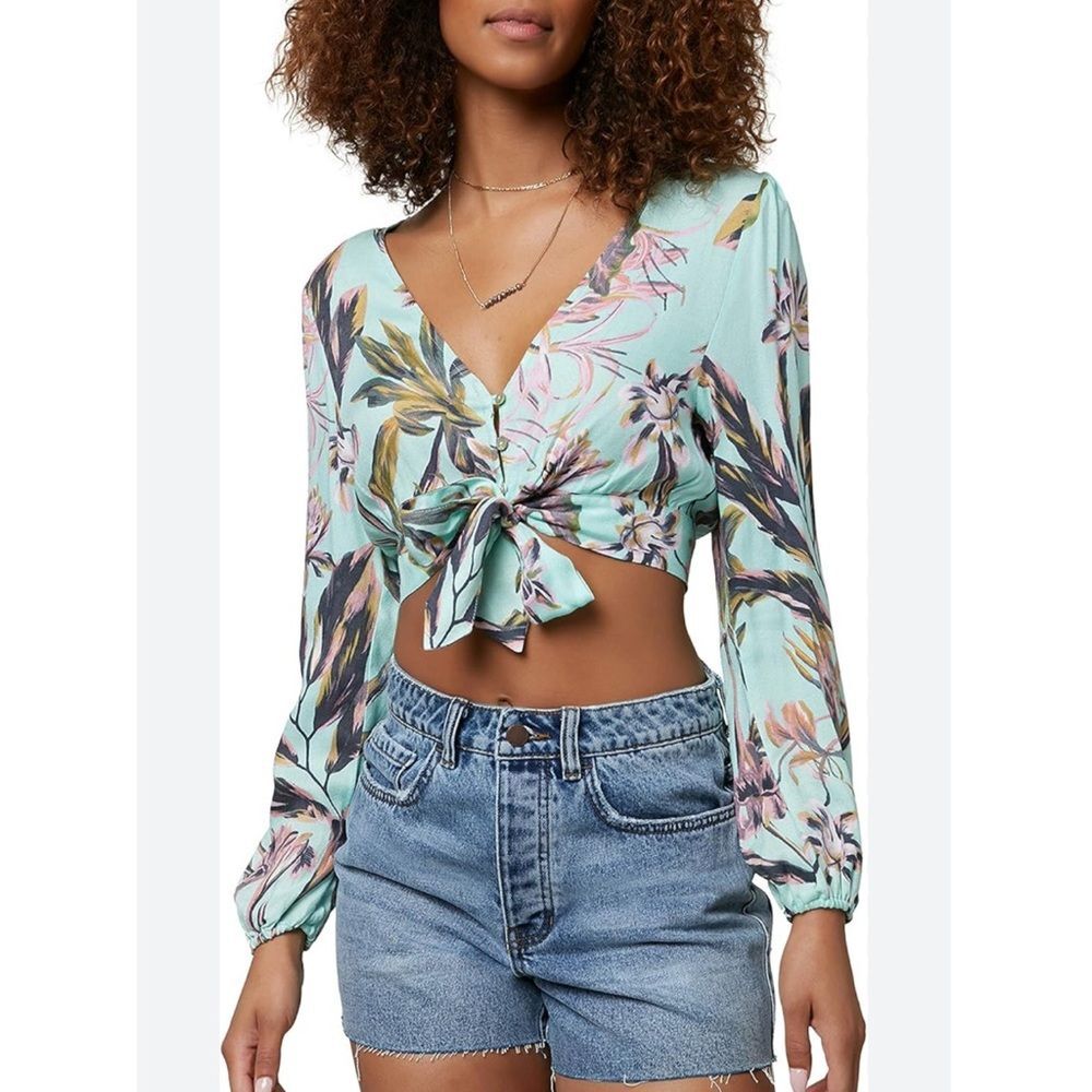 Oneill Top Floral Mint Tropical Tie Front Crop Long Sleeve Size Small